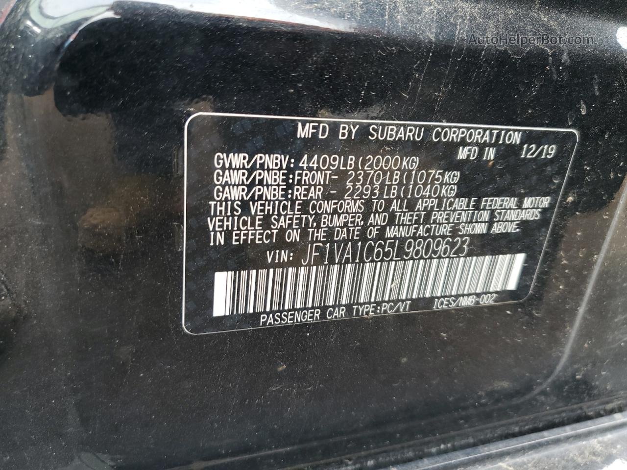 2020 Subaru Wrx Premium Black vin: JF1VA1C65L9809623