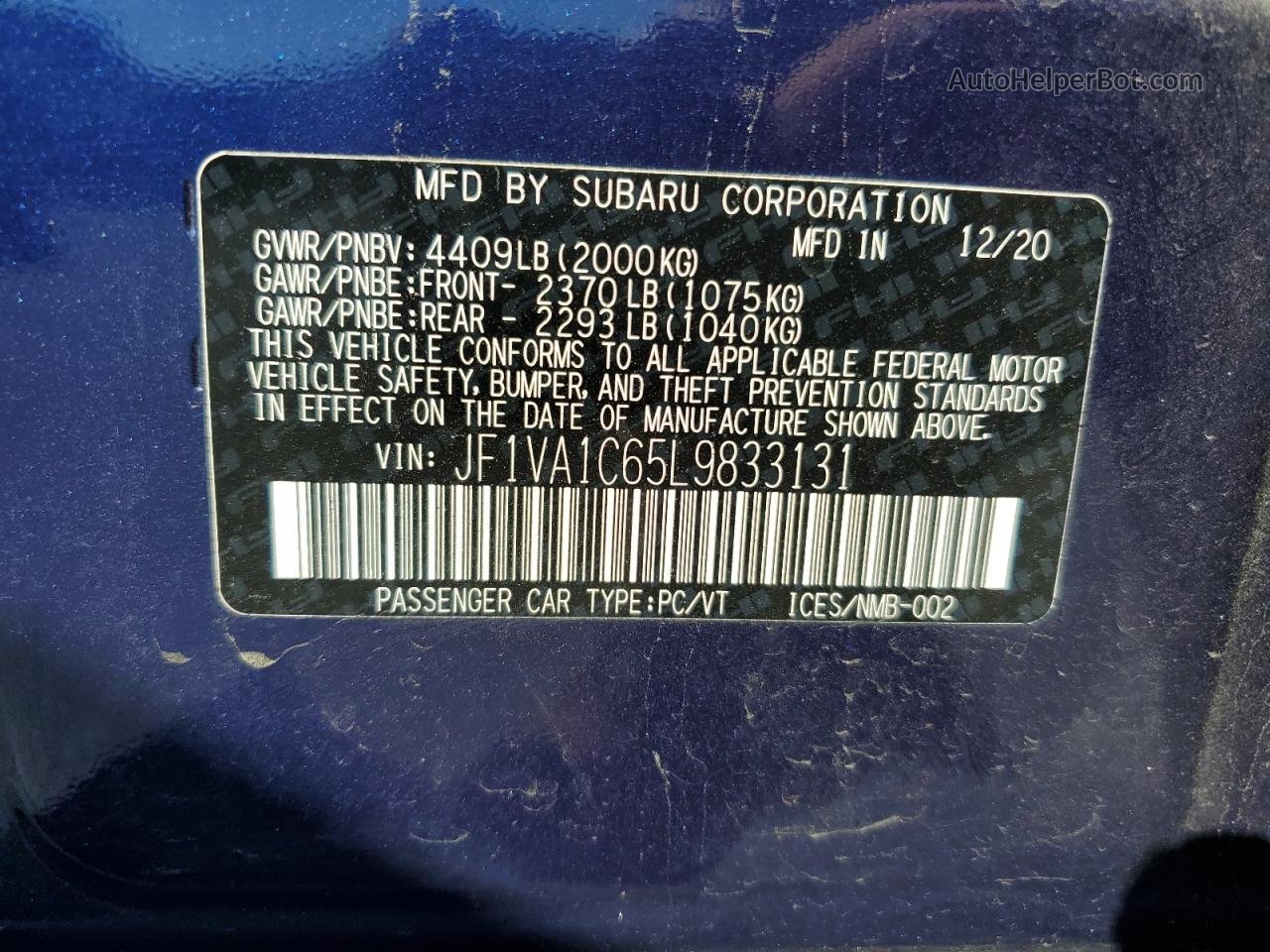 2020 Subaru Wrx Premium Blue vin: JF1VA1C65L9833131