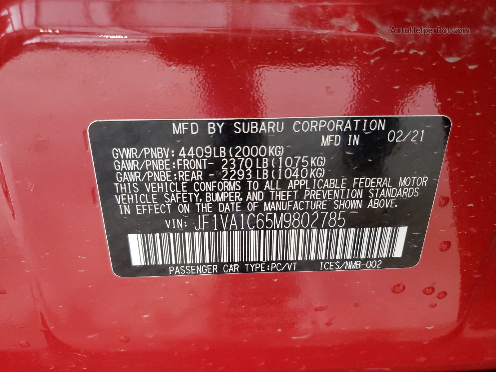 2021 Subaru Wrx Premium Red vin: JF1VA1C65M9802785