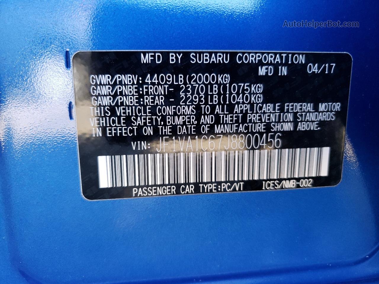 2018 Subaru Wrx Premium Blue vin: JF1VA1C67J8800456