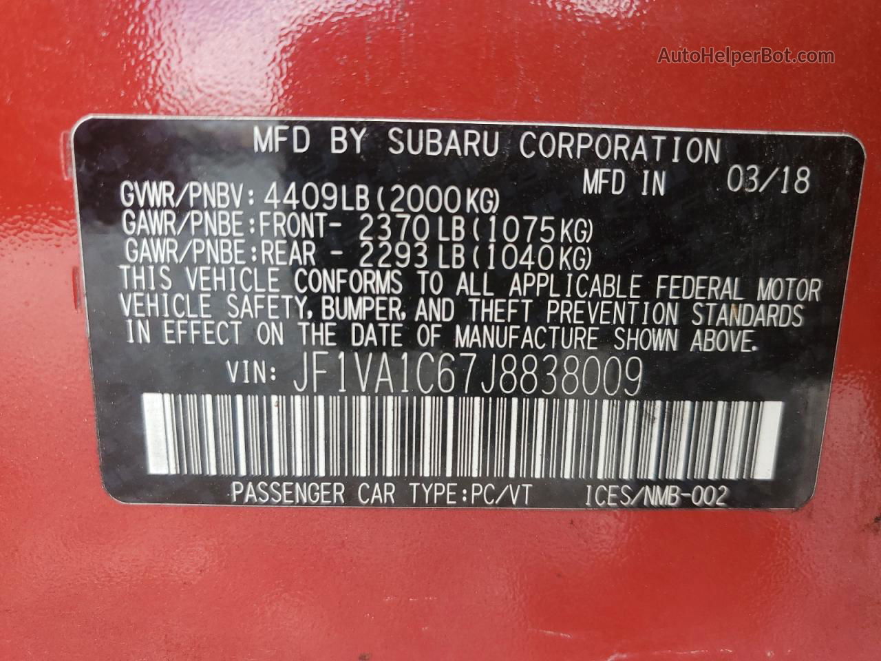 2018 Subaru Wrx Premium Red vin: JF1VA1C67J8838009