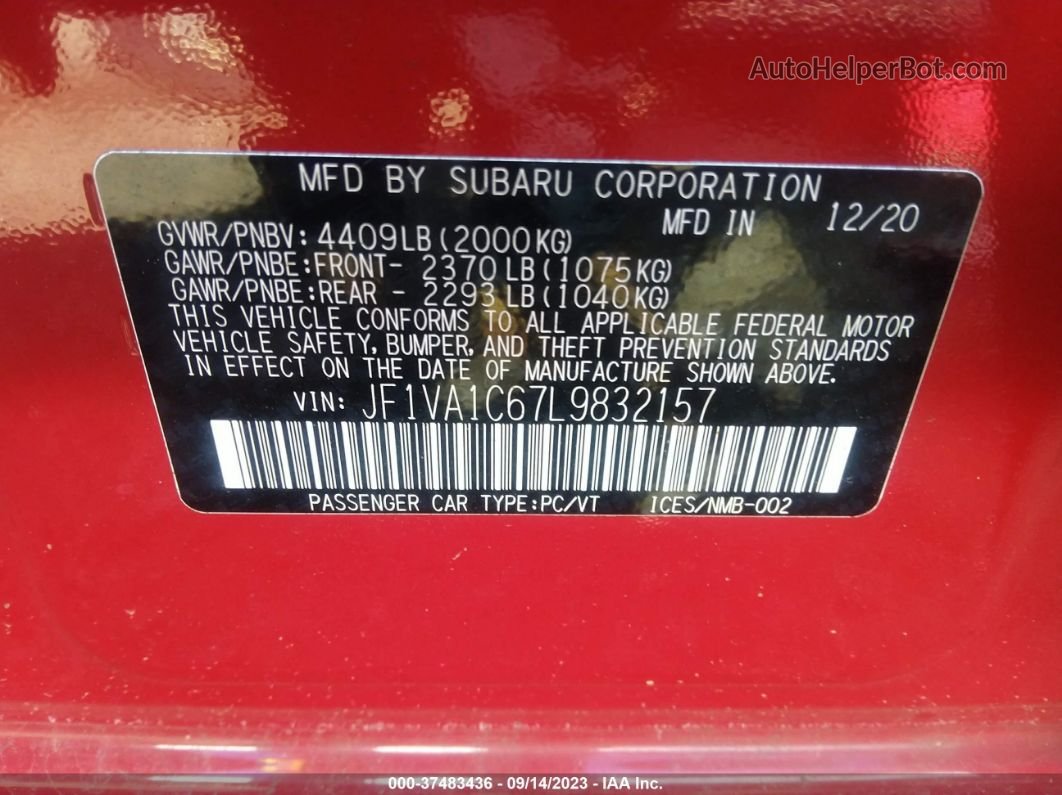 2020 Subaru Wrx Premium Red vin: JF1VA1C67L9832157