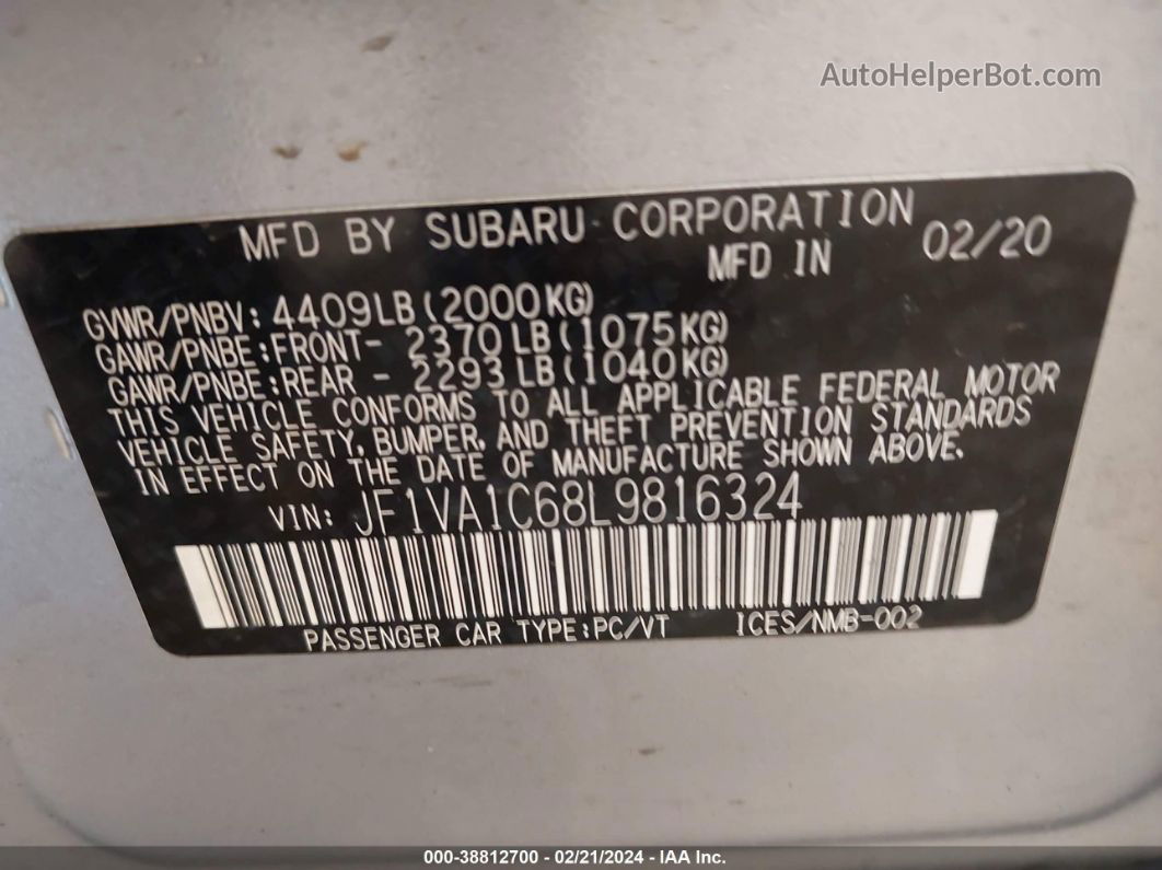 2020 Subaru Wrx Premium Серый vin: JF1VA1C68L9816324