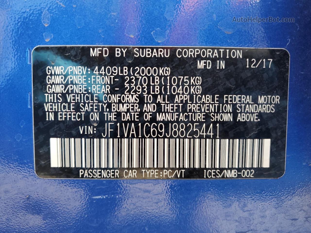 2018 Subaru Wrx Premium Blue vin: JF1VA1C69J8825441