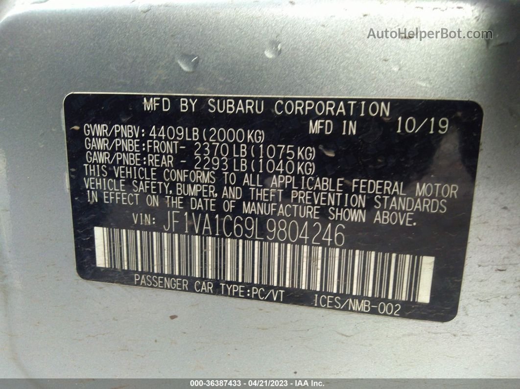 2020 Subaru Wrx Premium Silver vin: JF1VA1C69L9804246