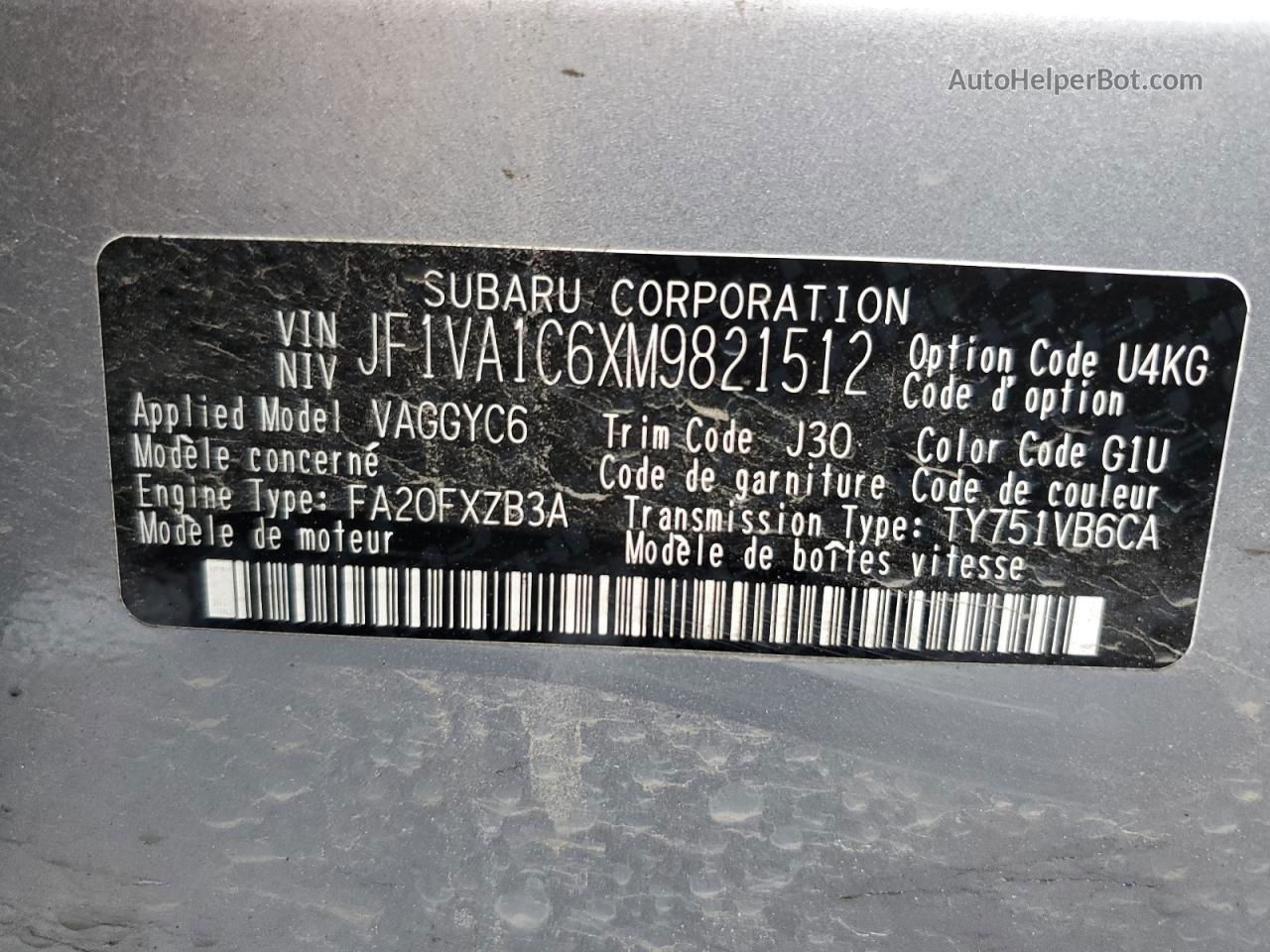 2021 Subaru Wrx Premium Silver vin: JF1VA1C6XM9821512