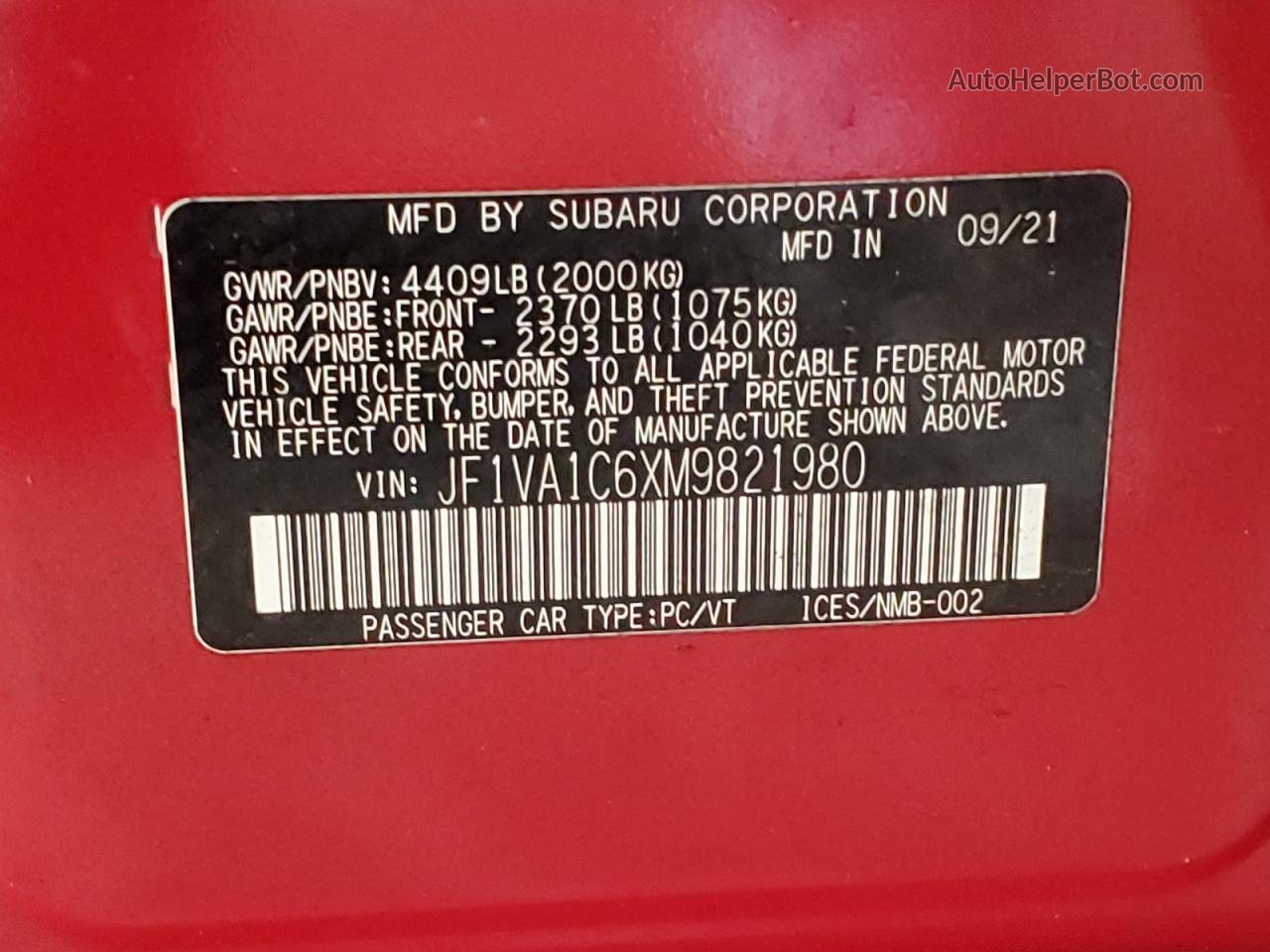2021 Subaru Wrx Premium Red vin: JF1VA1C6XM9821980
