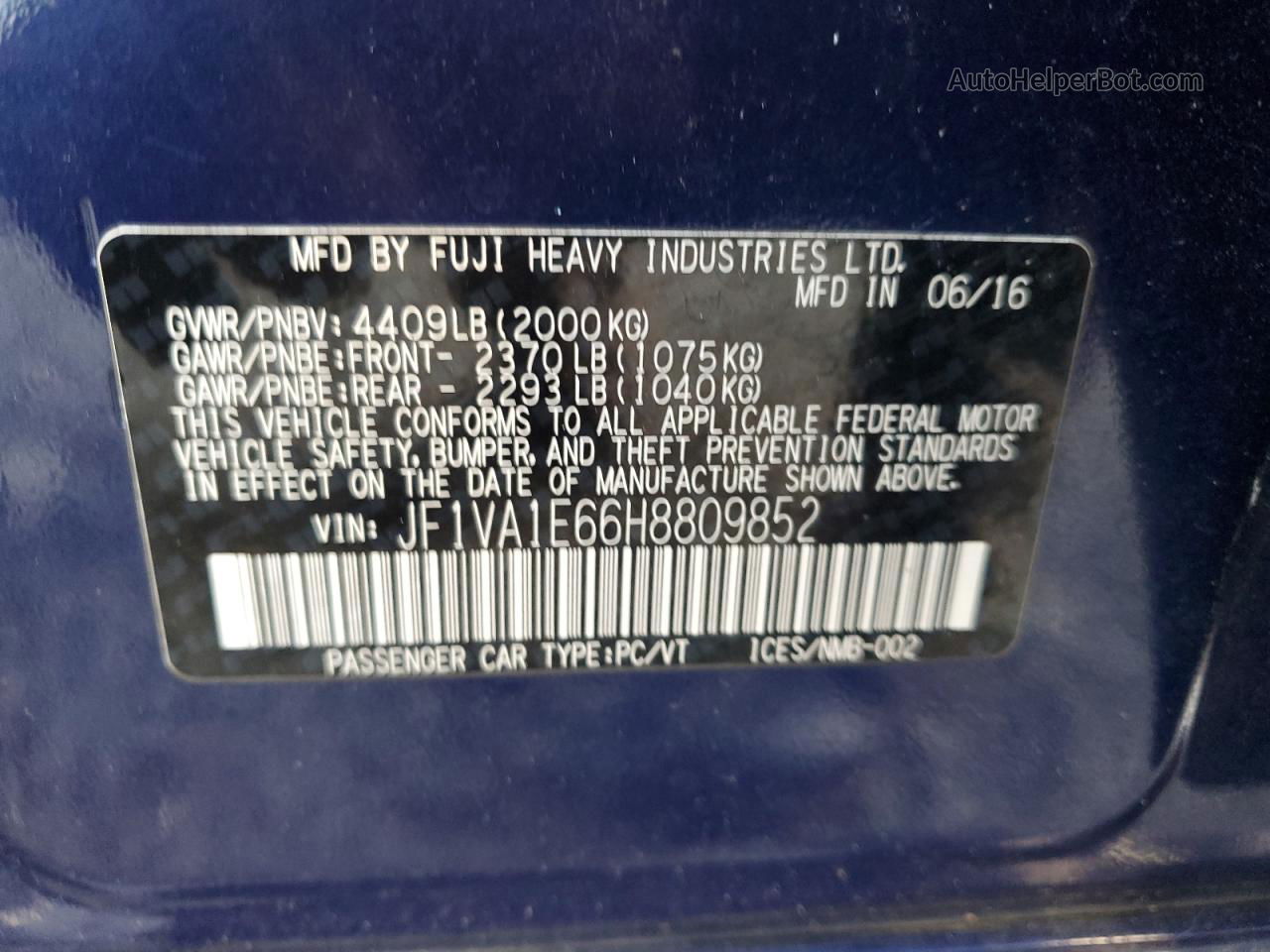 2017 Subaru Wrx Premium Blue vin: JF1VA1E66H8809852