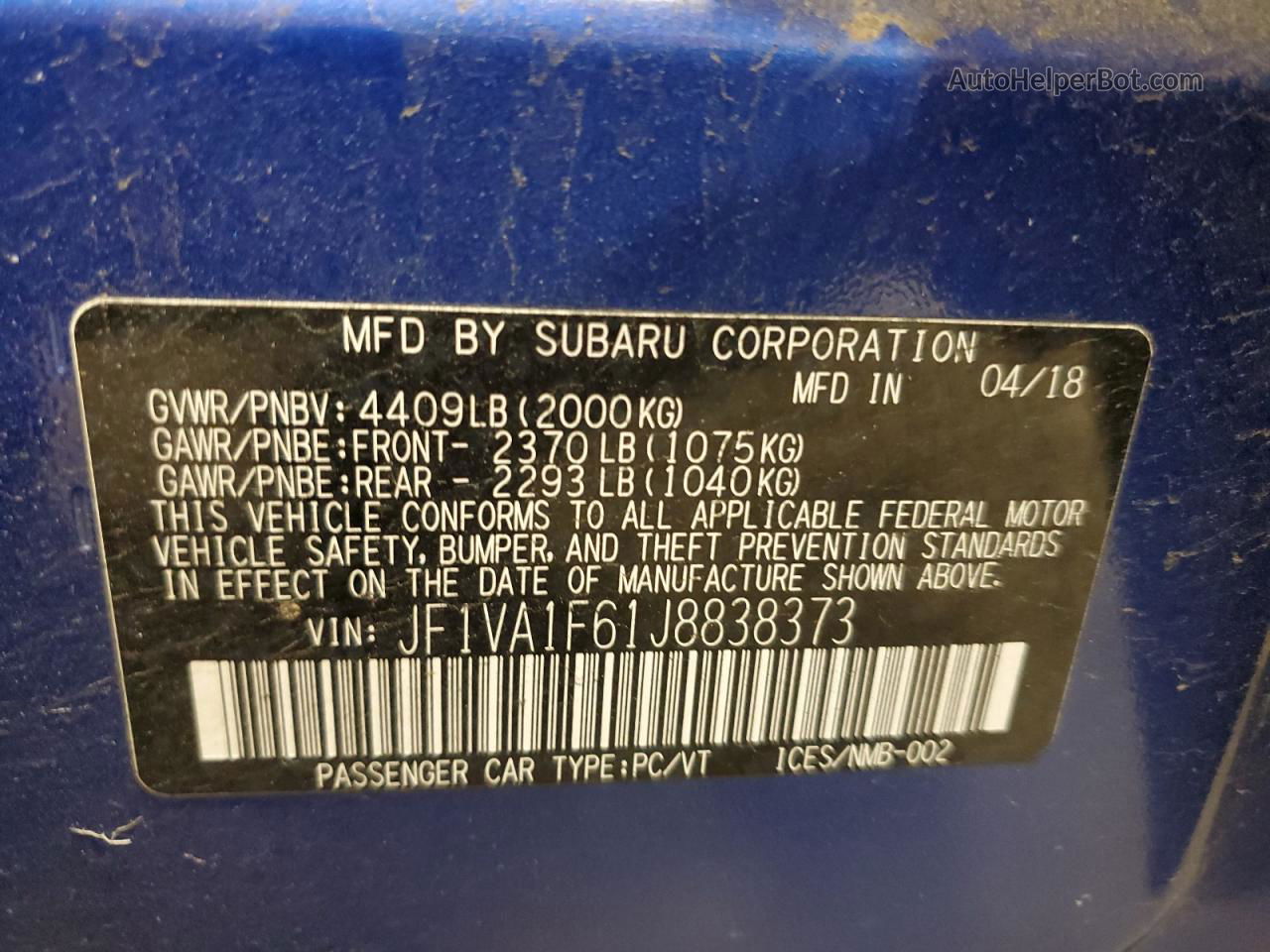 2018 Subaru Wrx Limited Blue vin: JF1VA1F61J8838373