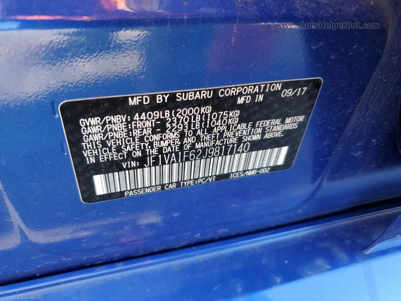 2018 Subaru Wrx Limited Синий vin: JF1VA1F62J9817140