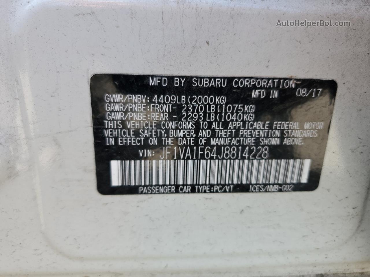 2018 Subaru Wrx Limited Белый vin: JF1VA1F64J8814228