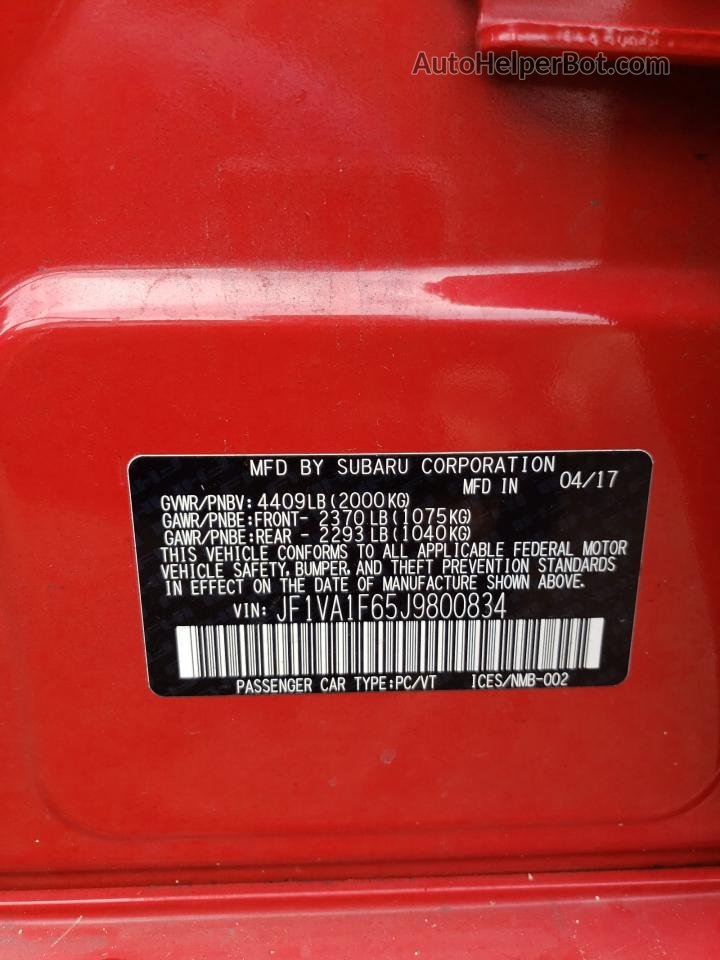 2018 Subaru Wrx Limited Красный vin: JF1VA1F65J9800834