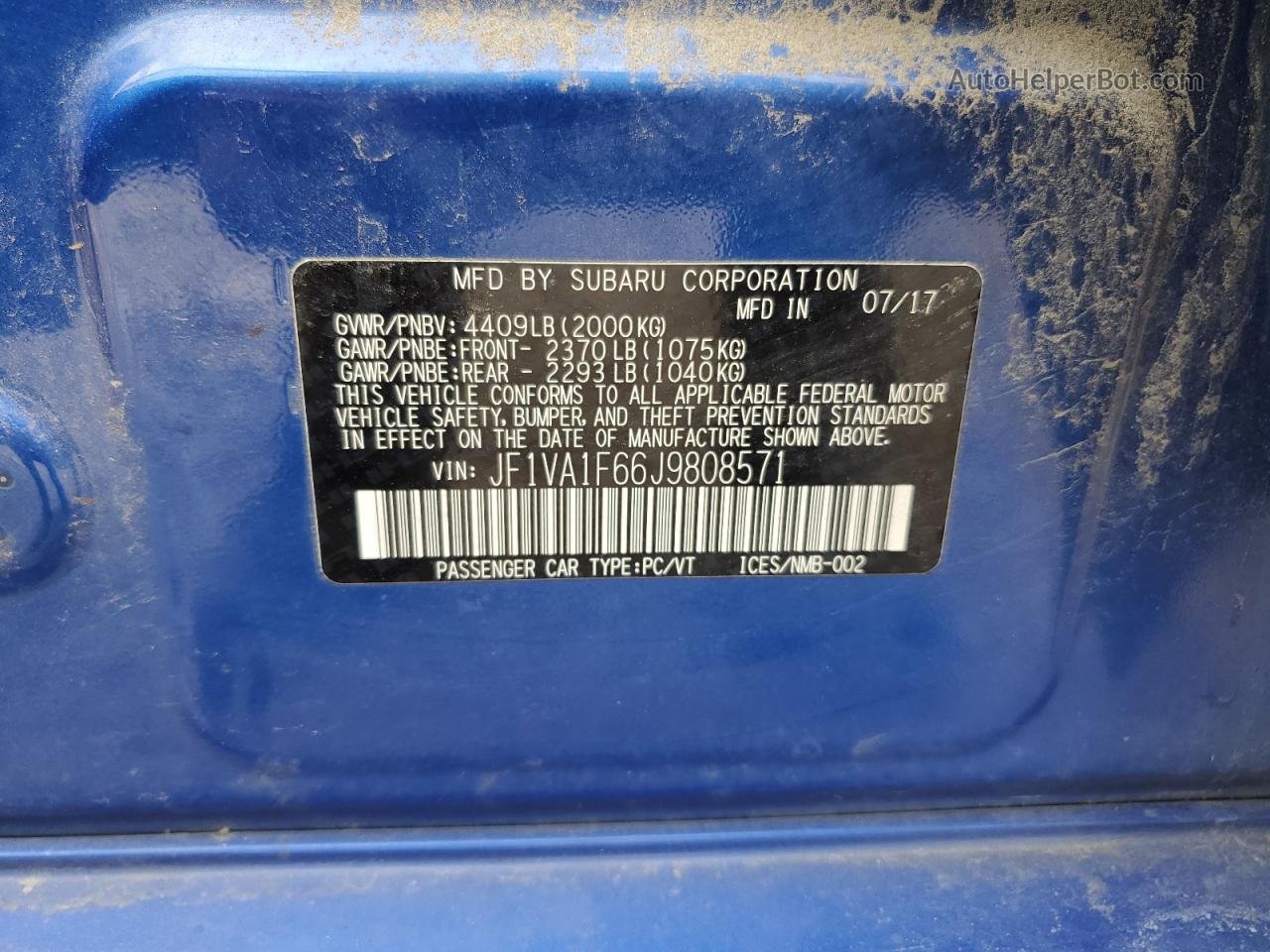 2018 Subaru Wrx Limited Blue vin: JF1VA1F66J9808571