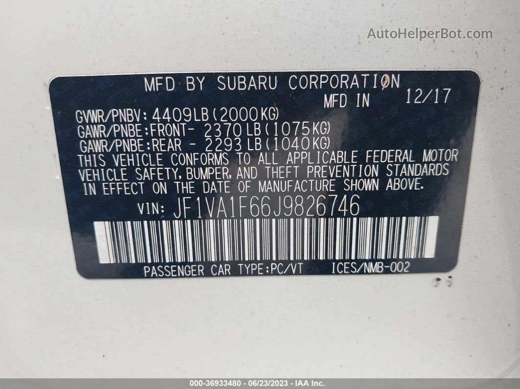 2018 Subaru Wrx Limited Белый vin: JF1VA1F66J9826746