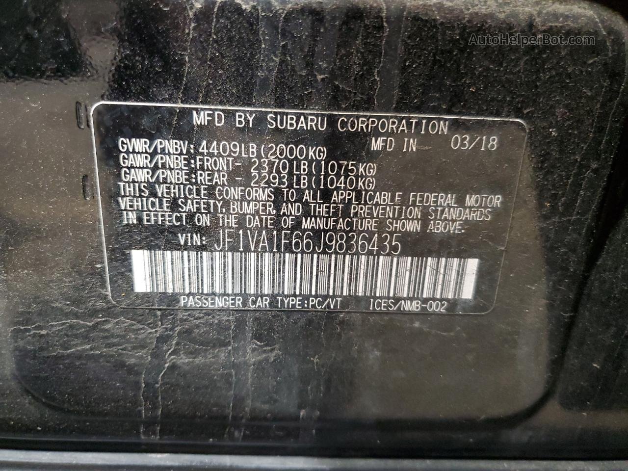 2018 Subaru Wrx Limited Black vin: JF1VA1F66J9836435