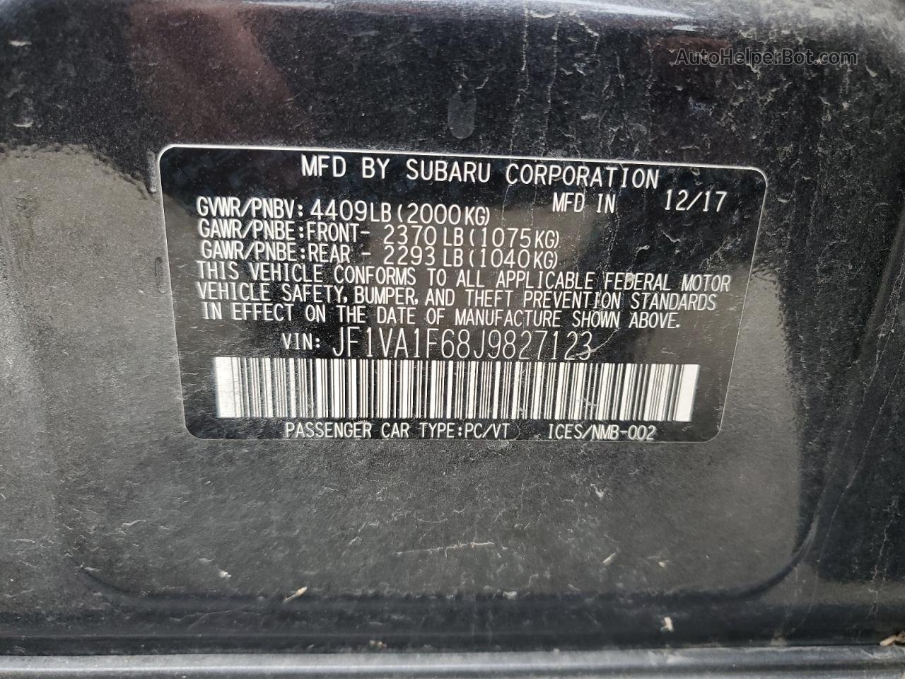 2018 Subaru Wrx Limited Black vin: JF1VA1F68J9827123