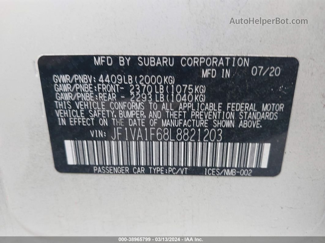 2020 Subaru Wrx Premium White vin: JF1VA1F68L8821203