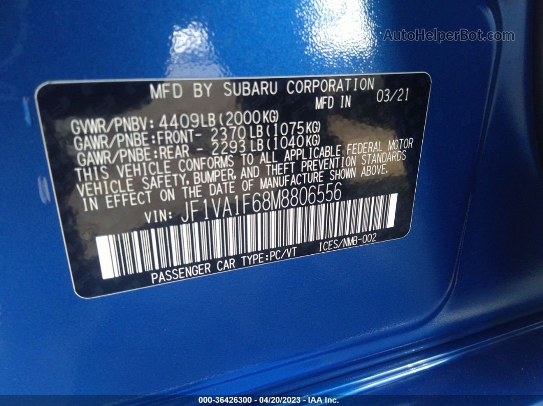 2021 Subaru Wrx Premium Blue vin: JF1VA1F68M8806556