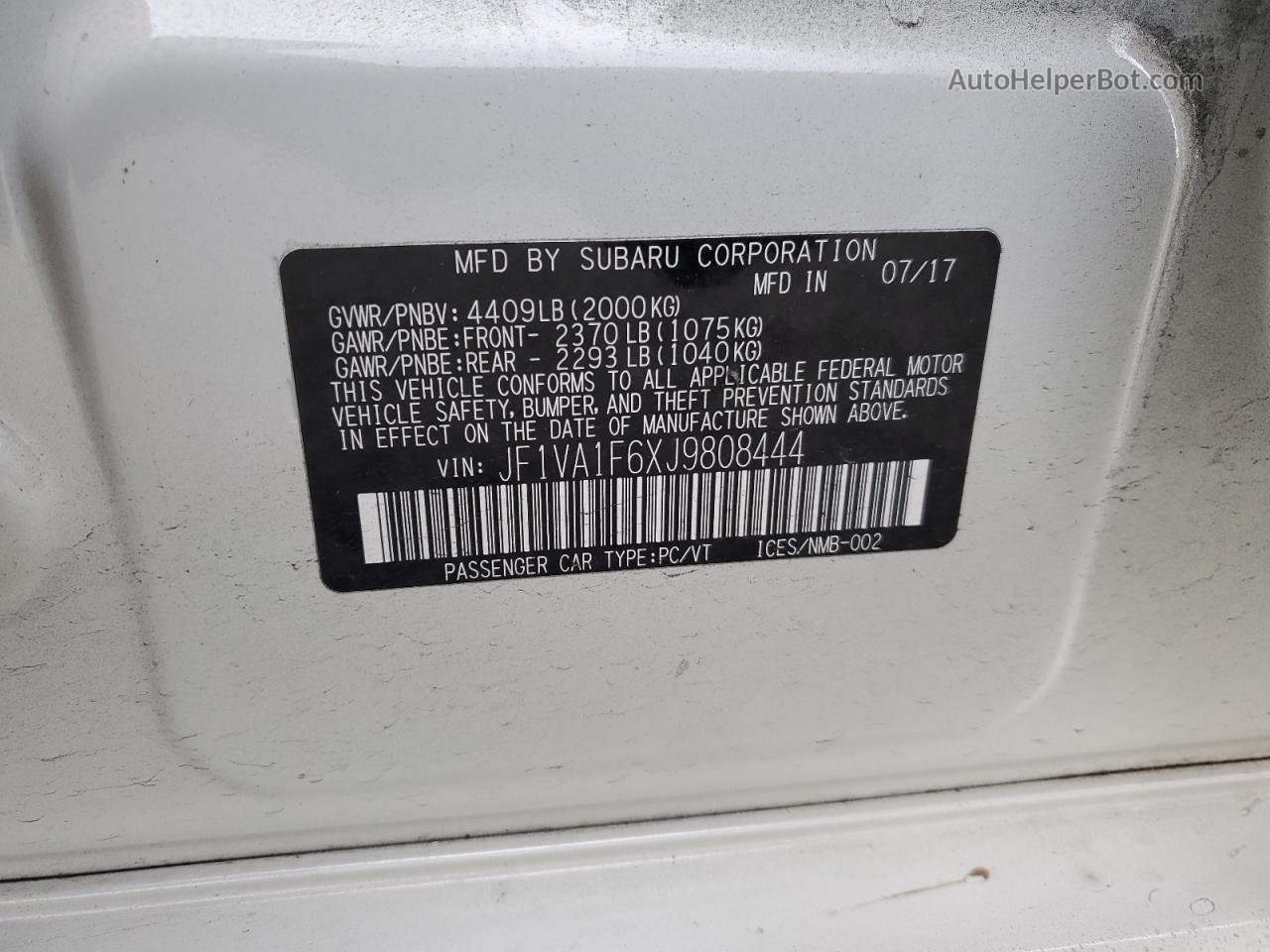 2018 Subaru Wrx Limited Белый vin: JF1VA1F6XJ9808444