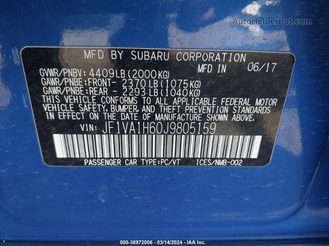 2018 Subaru Wrx Limited Blue vin: JF1VA1H60J9805159