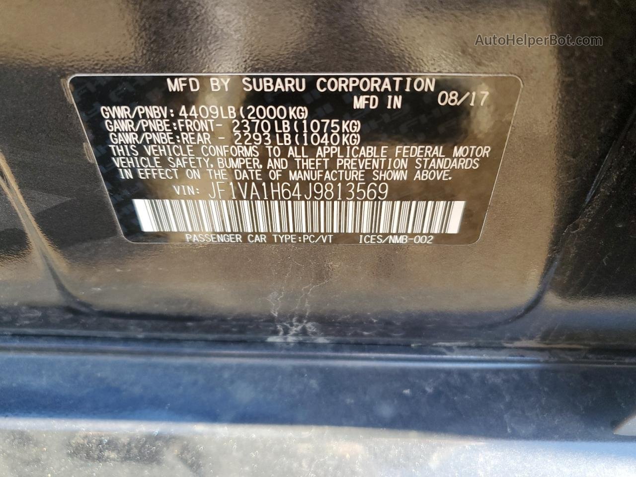 2018 Subaru Wrx Limited Угольный vin: JF1VA1H64J9813569