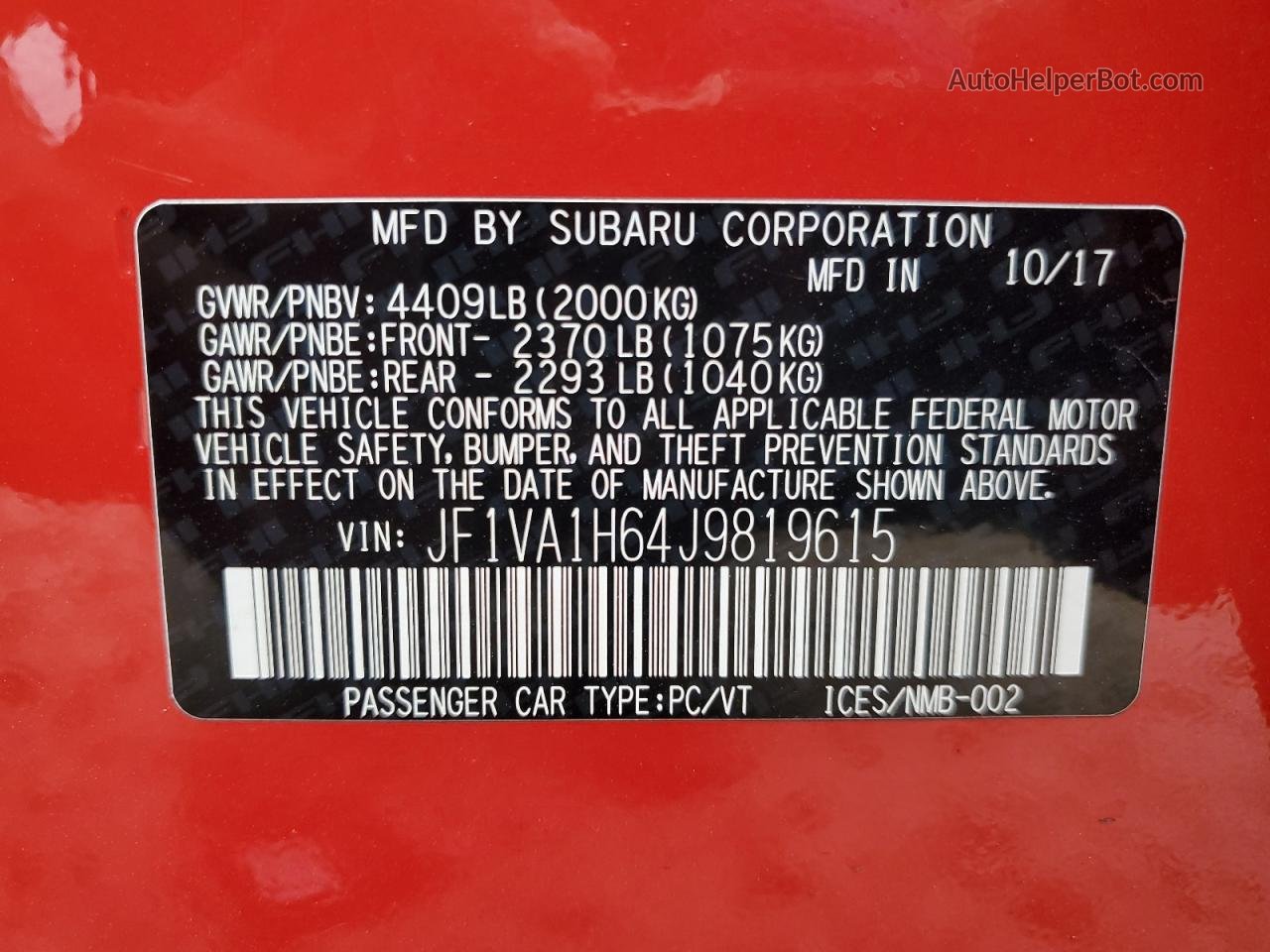 2018 Subaru Wrx Limited Red vin: JF1VA1H64J9819615