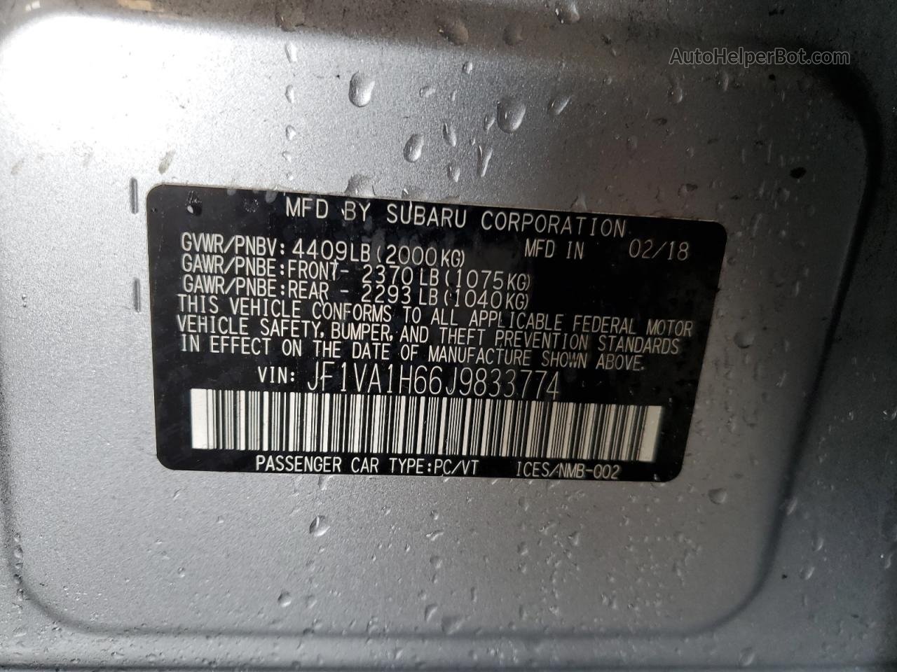 2018 Subaru Wrx Limited Silver vin: JF1VA1H66J9833774