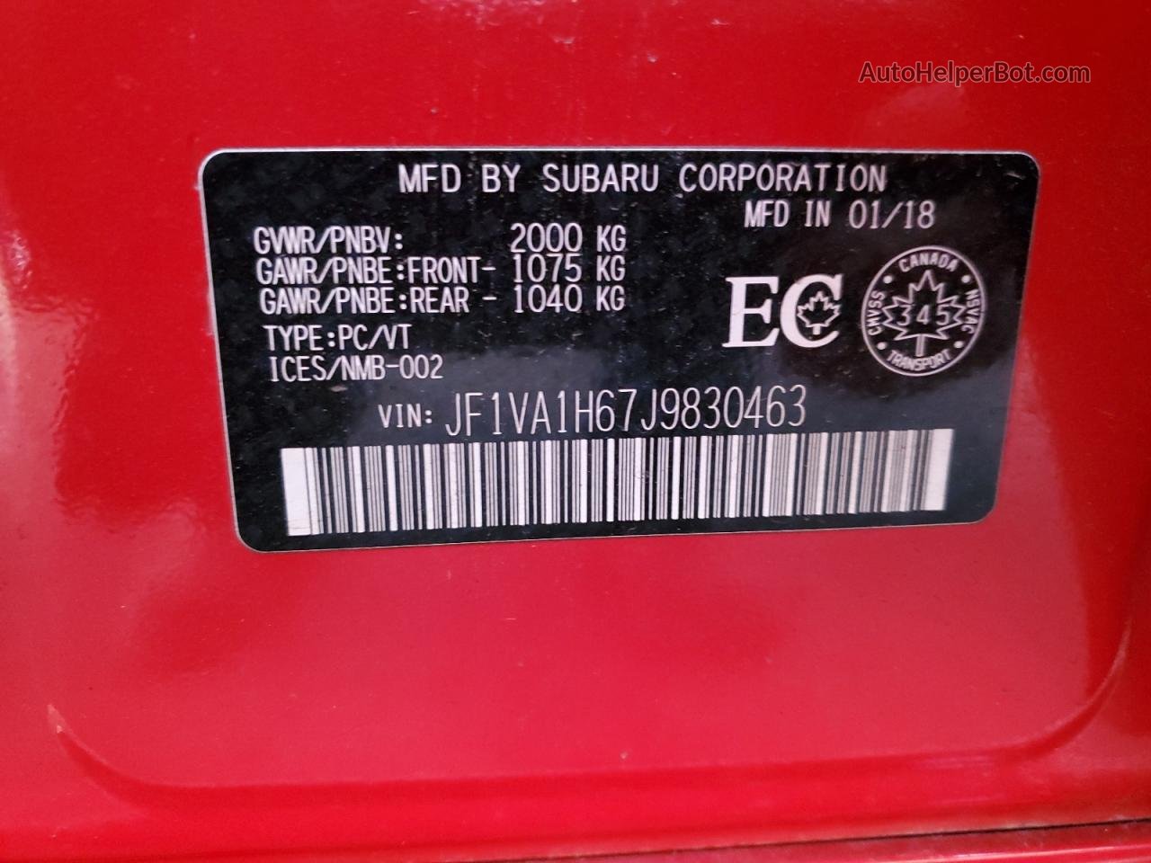 2018 Subaru Wrx Limited Red vin: JF1VA1H67J9830463