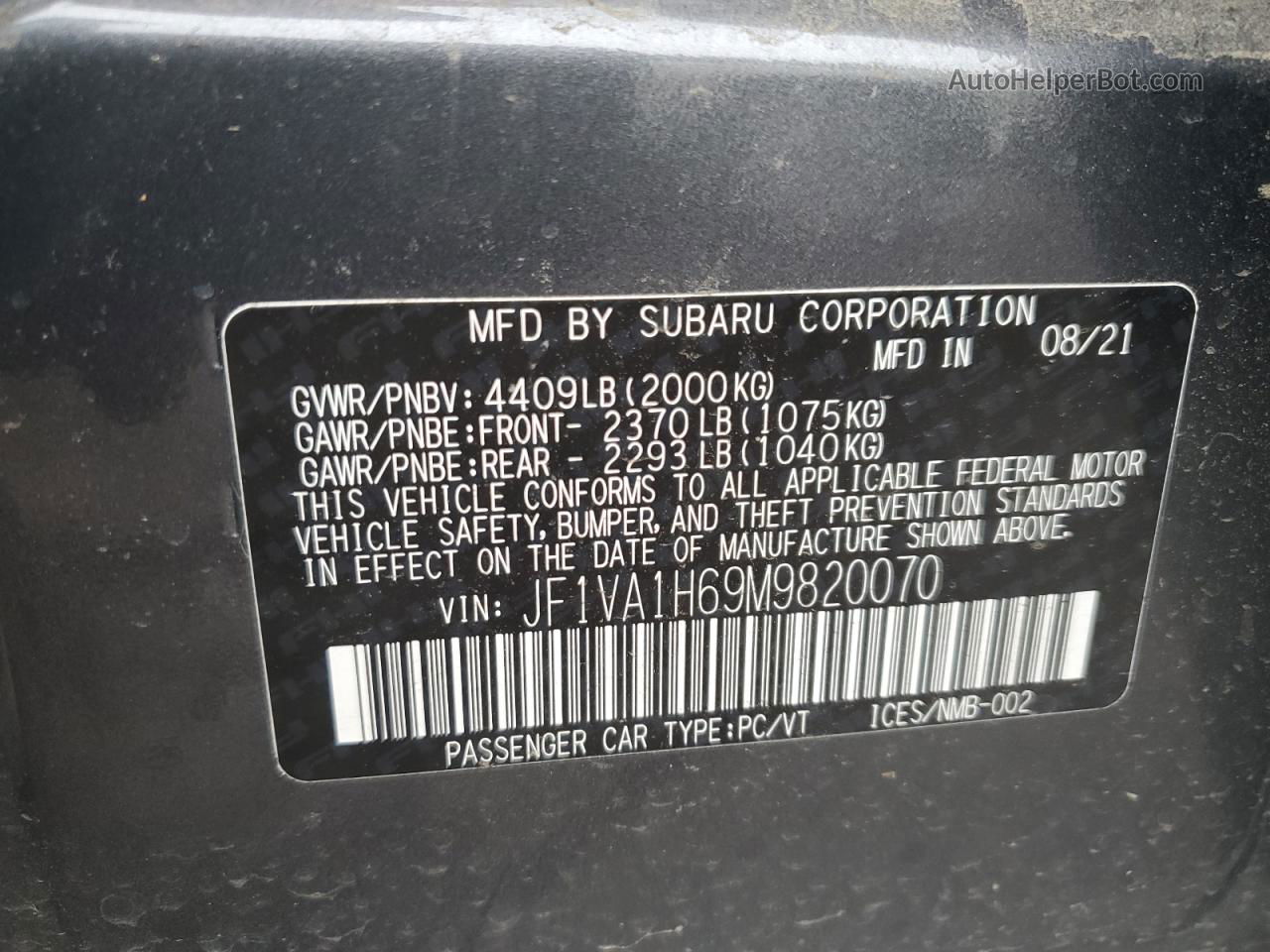 2021 Subaru Wrx Limited Gray vin: JF1VA1H69M9820070