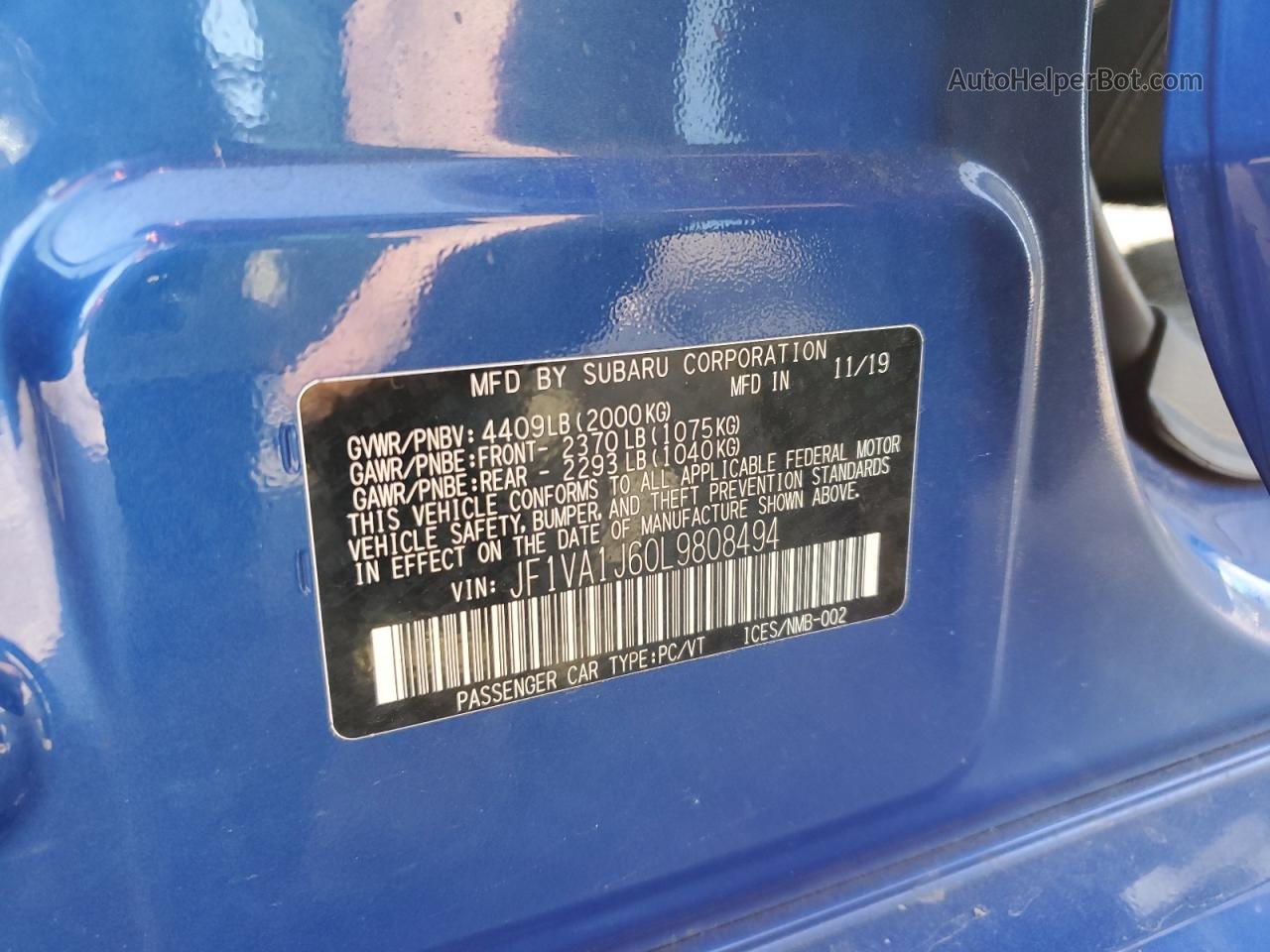 2020 Subaru Wrx Limited Blue vin: JF1VA1J60L9808494