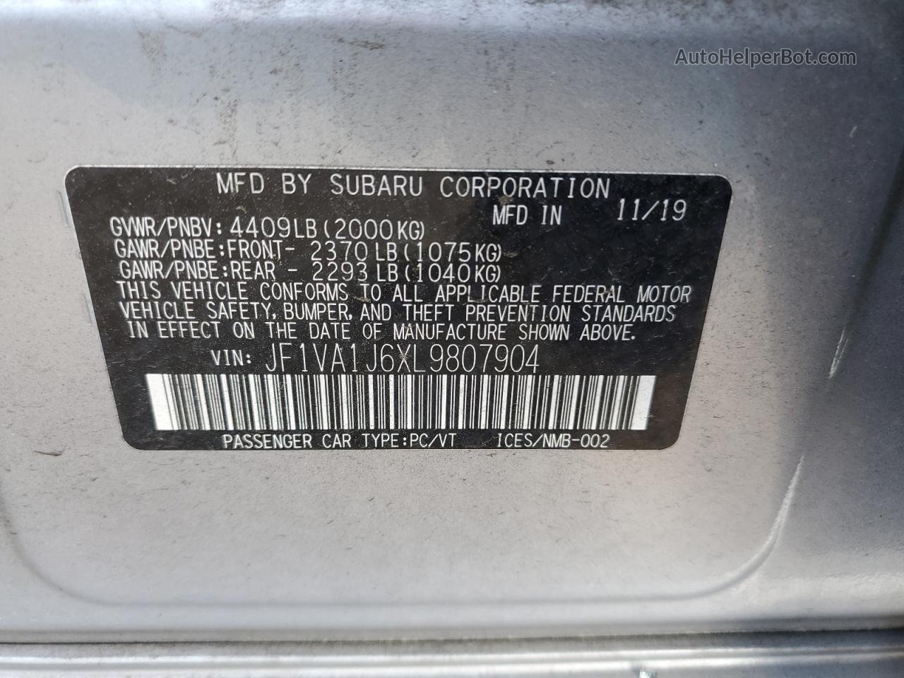 2020 Subaru Wrx Limited Silver vin: JF1VA1J6XL9807904