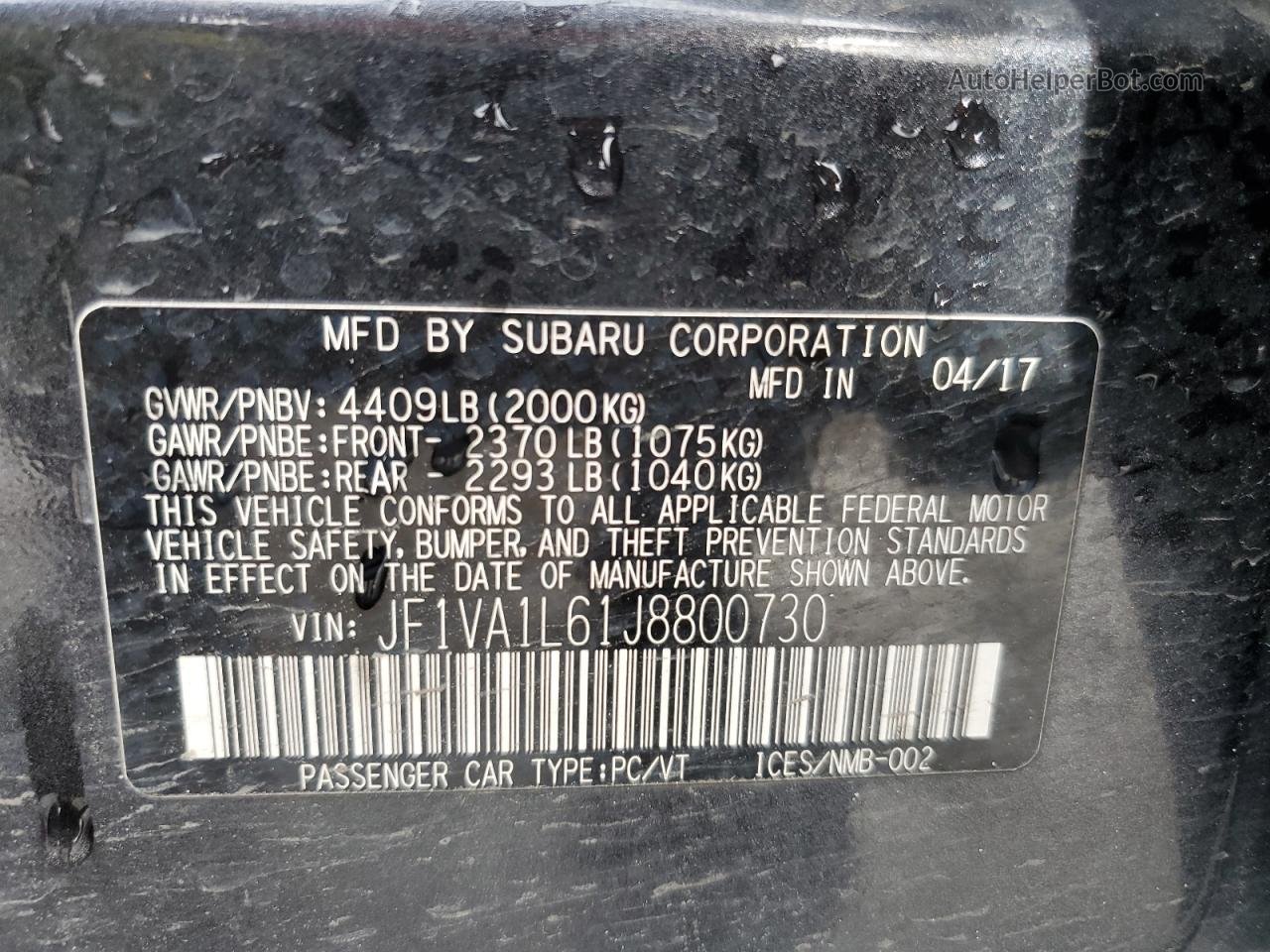 2018 Subaru Wrx Limited Угольный vin: JF1VA1L61J8800730