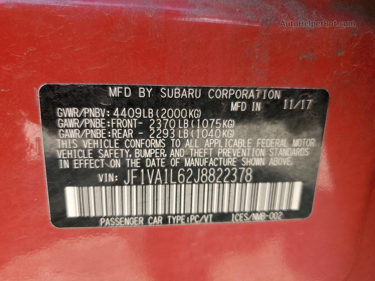 2018 Subaru Wrx Limited Red vin: JF1VA1L62J8822378