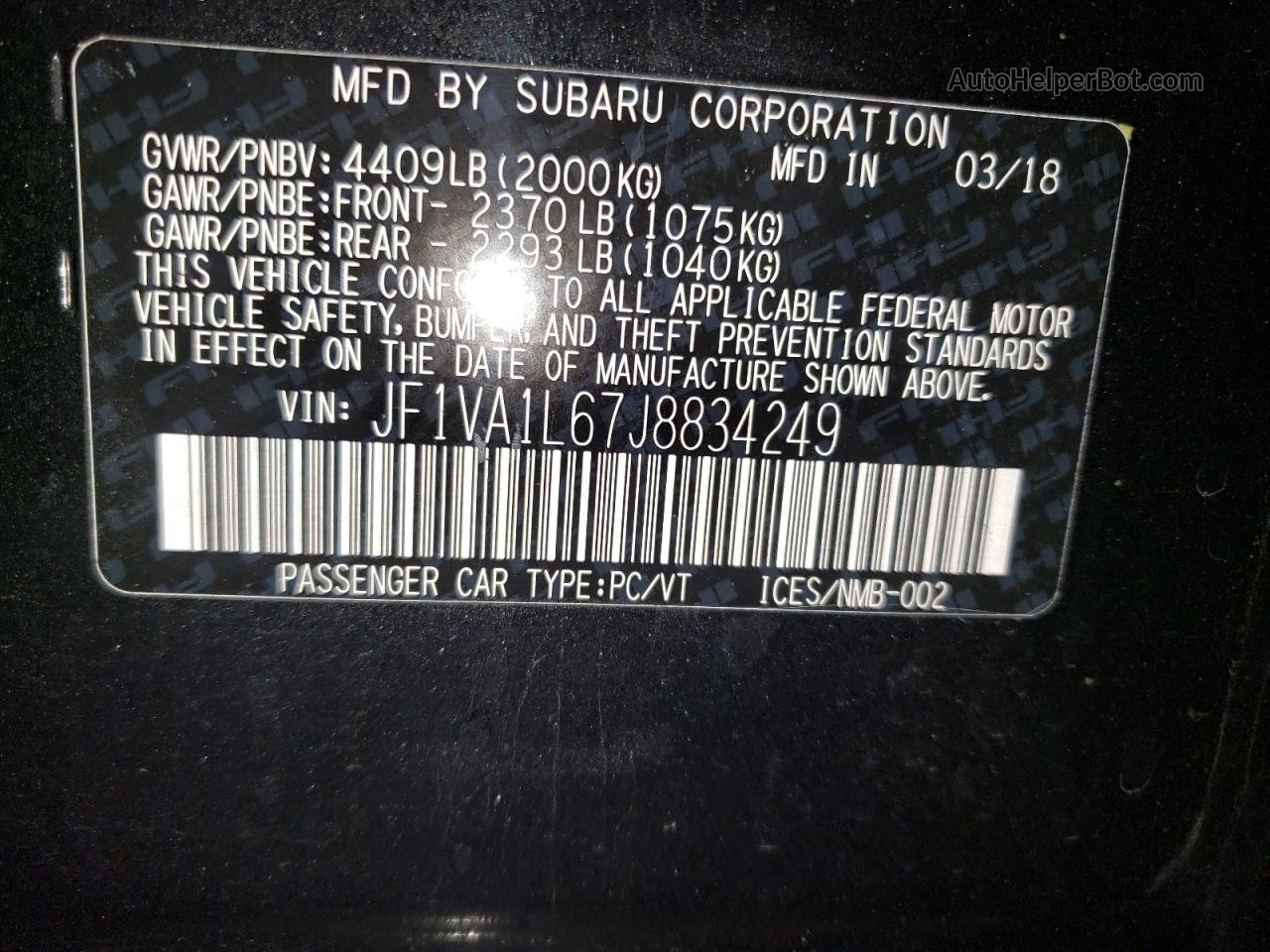 2018 Subaru Wrx Limited Black vin: JF1VA1L67J8834249