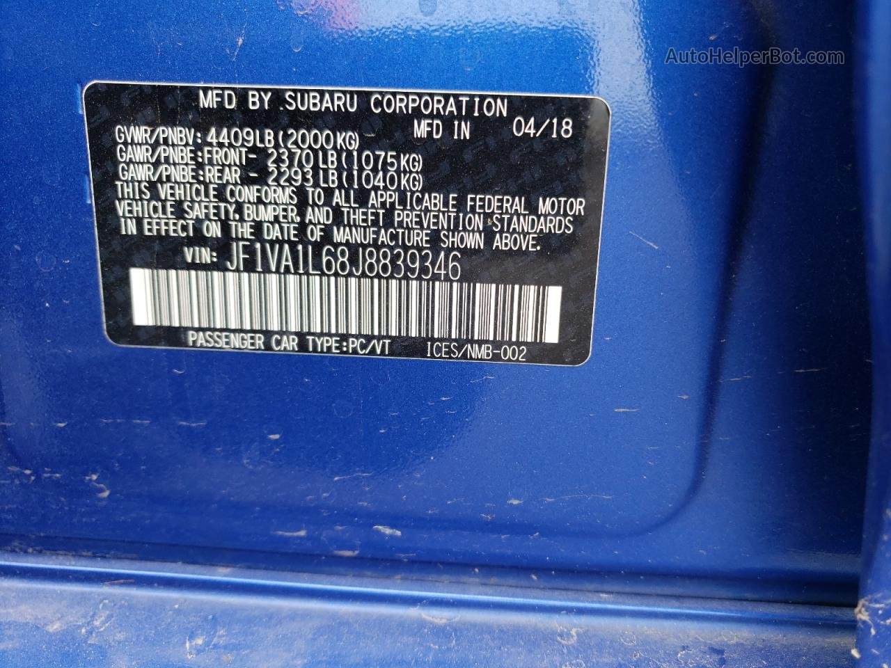 2018 Subaru Wrx Limited Blue vin: JF1VA1L68J8839346
