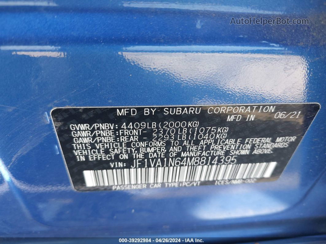 2021 Subaru Wrx Limited Blue vin: JF1VA1N64M8814395