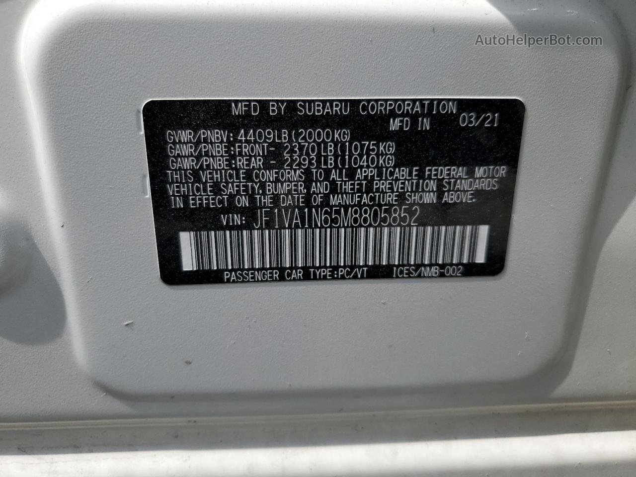 2021 Subaru Wrx Limited White vin: JF1VA1N65M8805852