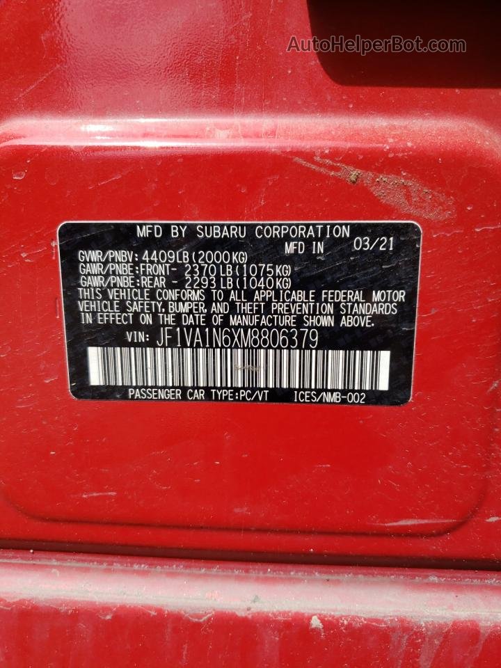 2021 Subaru Wrx Limited Красный vin: JF1VA1N6XM8806379