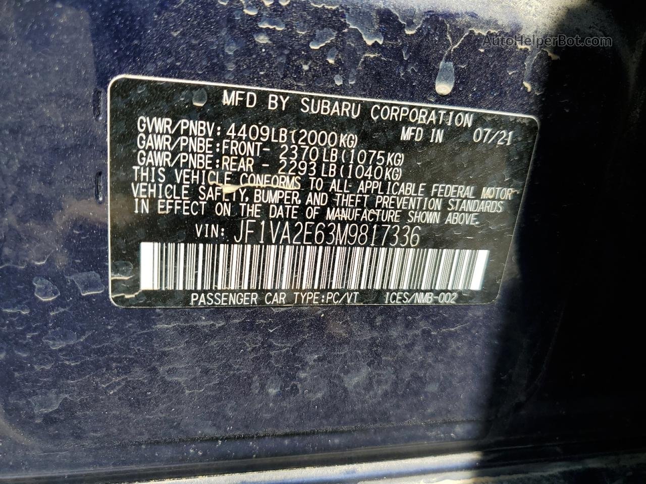 2021 Subaru Wrx Sti Blue vin: JF1VA2E63M9817336