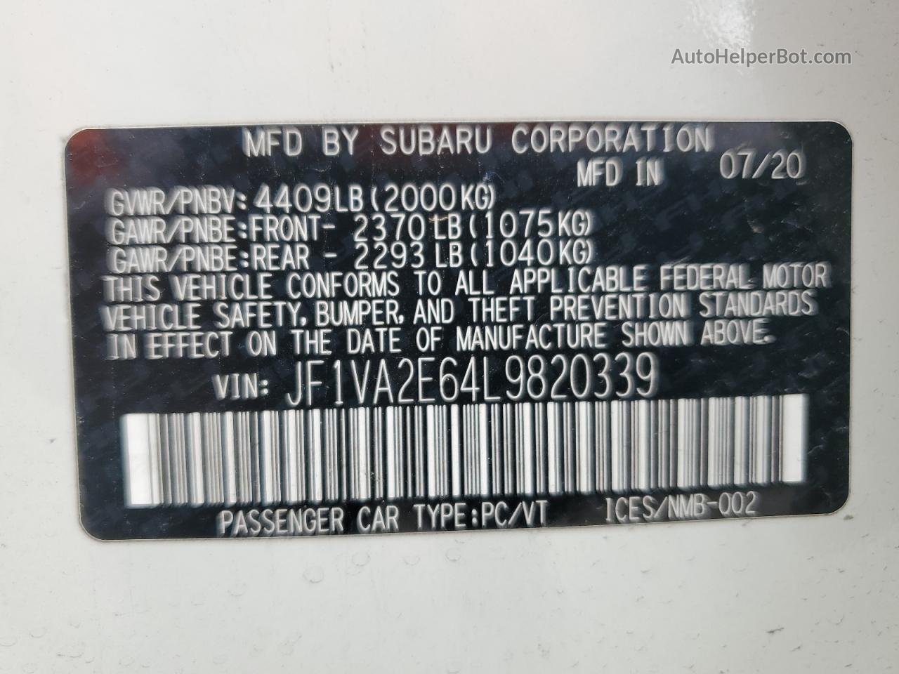 2020 Subaru Wrx Sti White vin: JF1VA2E64L9820339