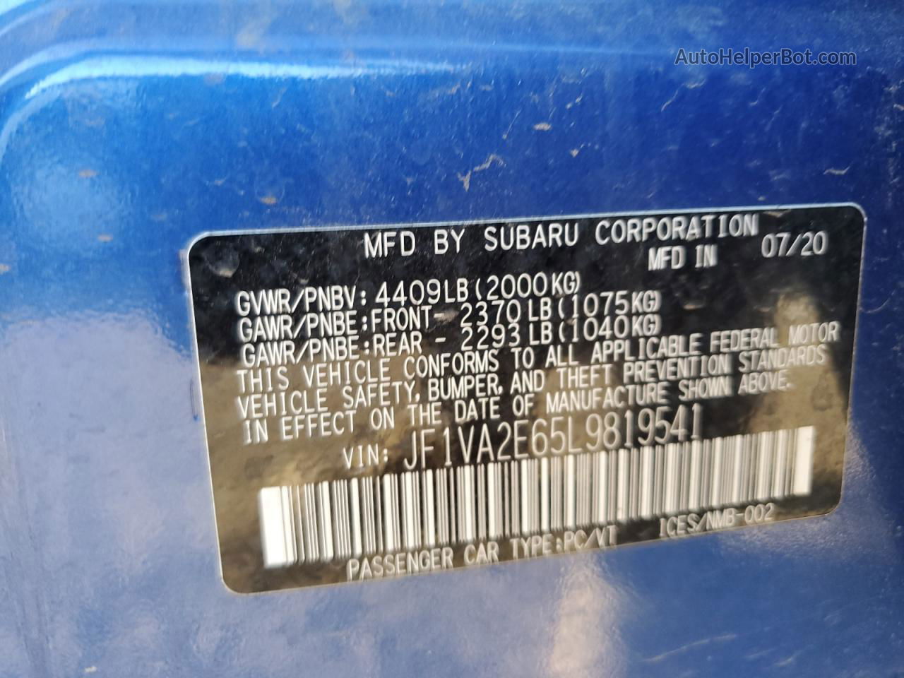 2020 Subaru Wrx Sti Синий vin: JF1VA2E65L9819541
