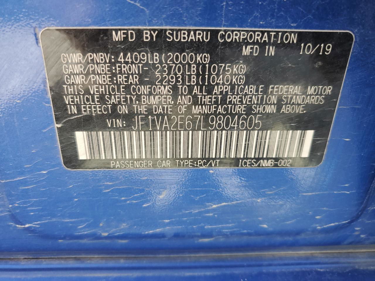 2020 Subaru Wrx Sti Blue vin: JF1VA2E67L9804605