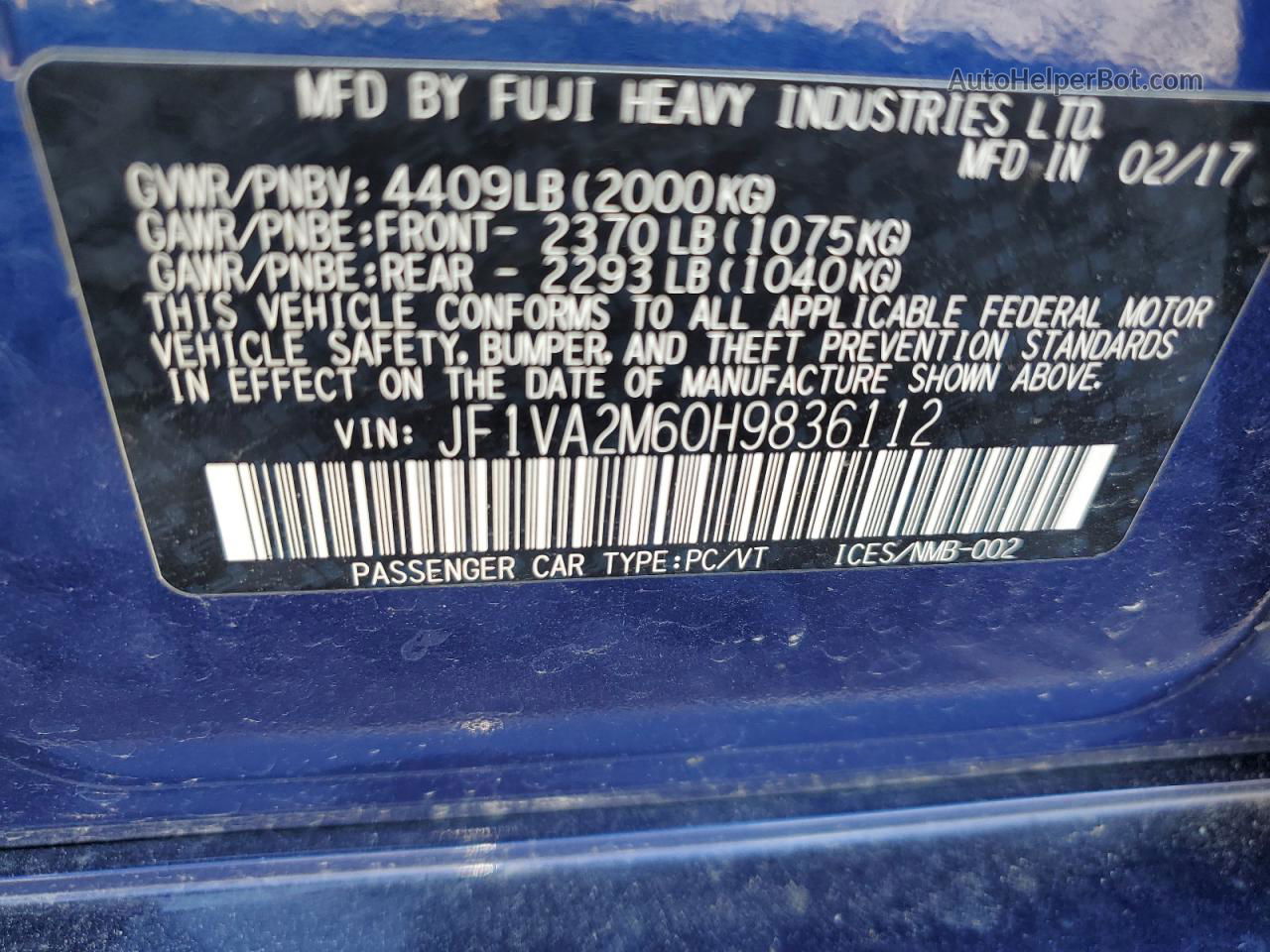 2017 Subaru Wrx Sti Blue vin: JF1VA2M60H9836112