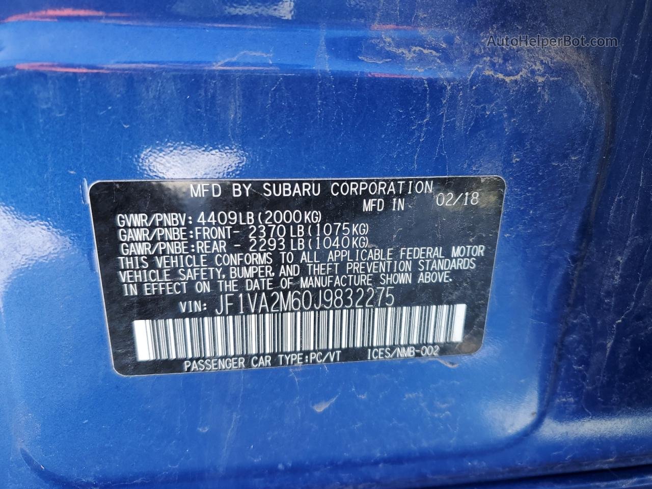 2018 Subaru Wrx Sti Blue vin: JF1VA2M60J9832275