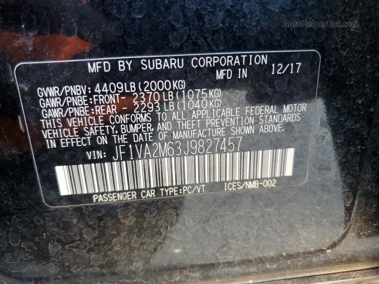 2018 Subaru Wrx Sti Черный vin: JF1VA2M63J9827457