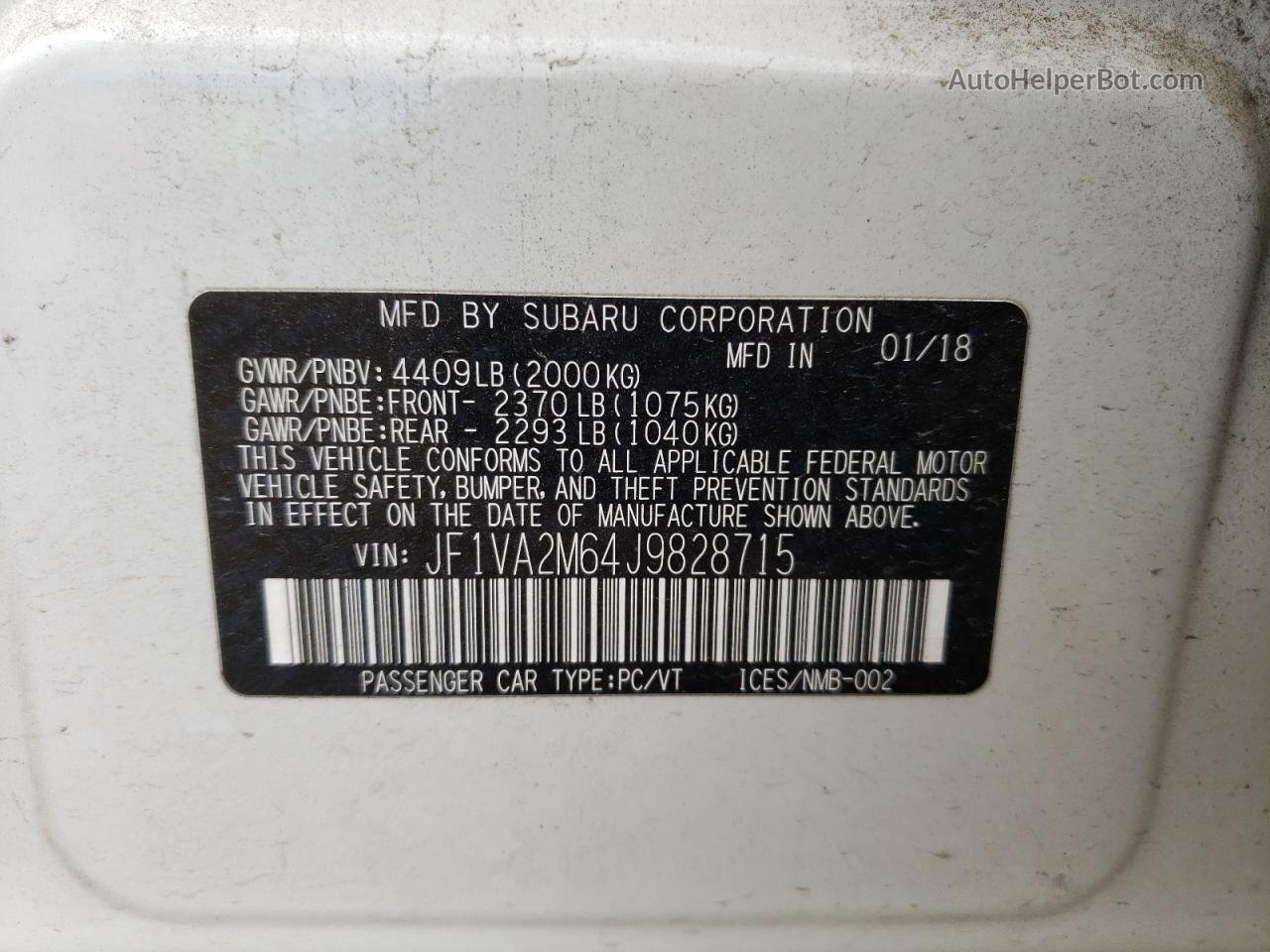 2018 Subaru Wrx Sti White vin: JF1VA2M64J9828715
