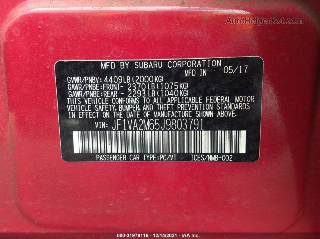 2018 Subaru Wrx Sti Красный vin: JF1VA2M65J9803791