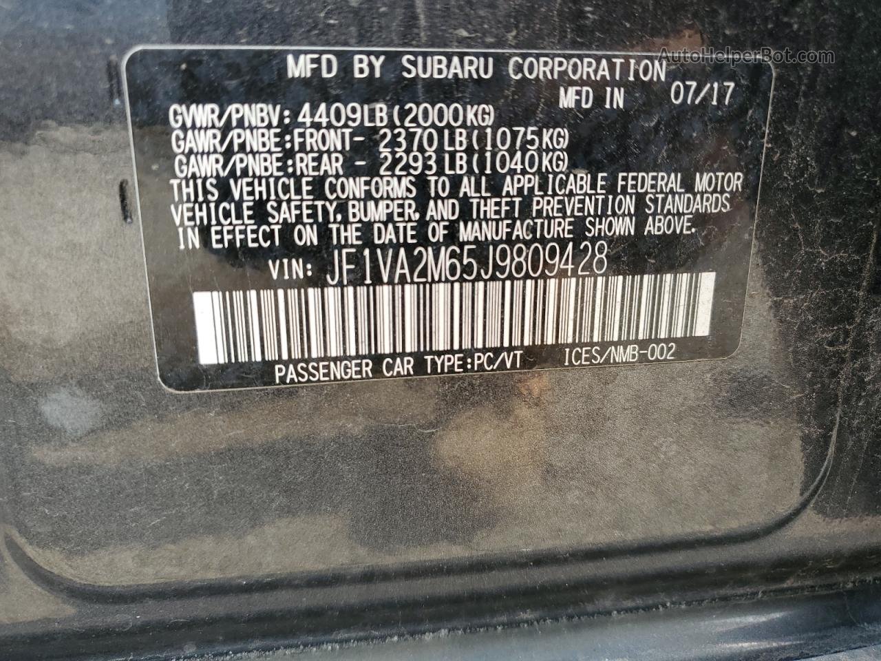 2018 Subaru Wrx Sti Угольный vin: JF1VA2M65J9809428
