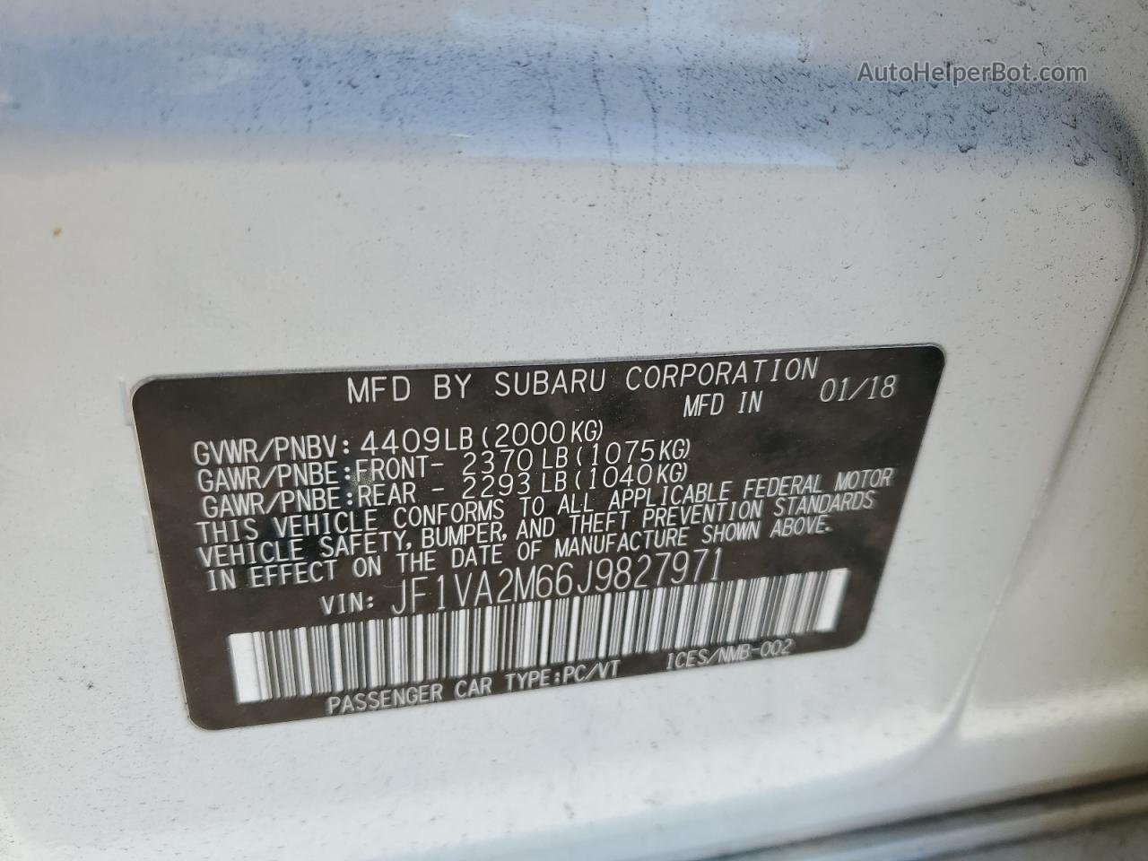 2018 Subaru Wrx Sti White vin: JF1VA2M66J9827971