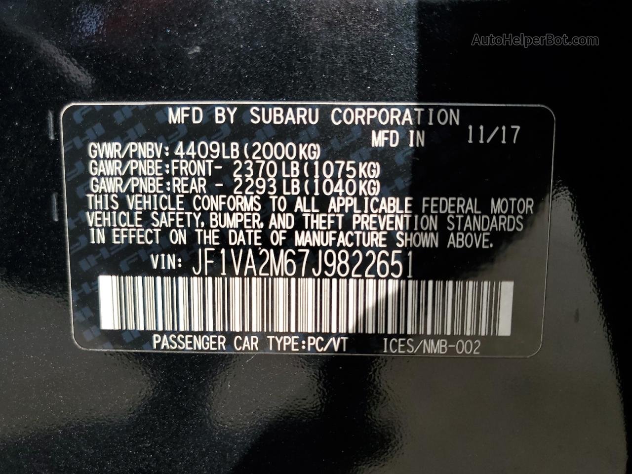 2018 Subaru Wrx Sti Black vin: JF1VA2M67J9822651